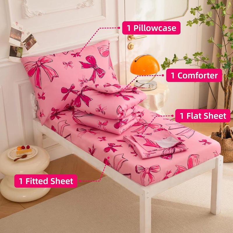 SDIII 4 Piece Pink Bow Girl Toddler Bedding Set, Cute Bowknot Princess Toddler Bedding Set with Comforter, Fitted Sheet, Flat Sheet and Pillowcase - Image 5